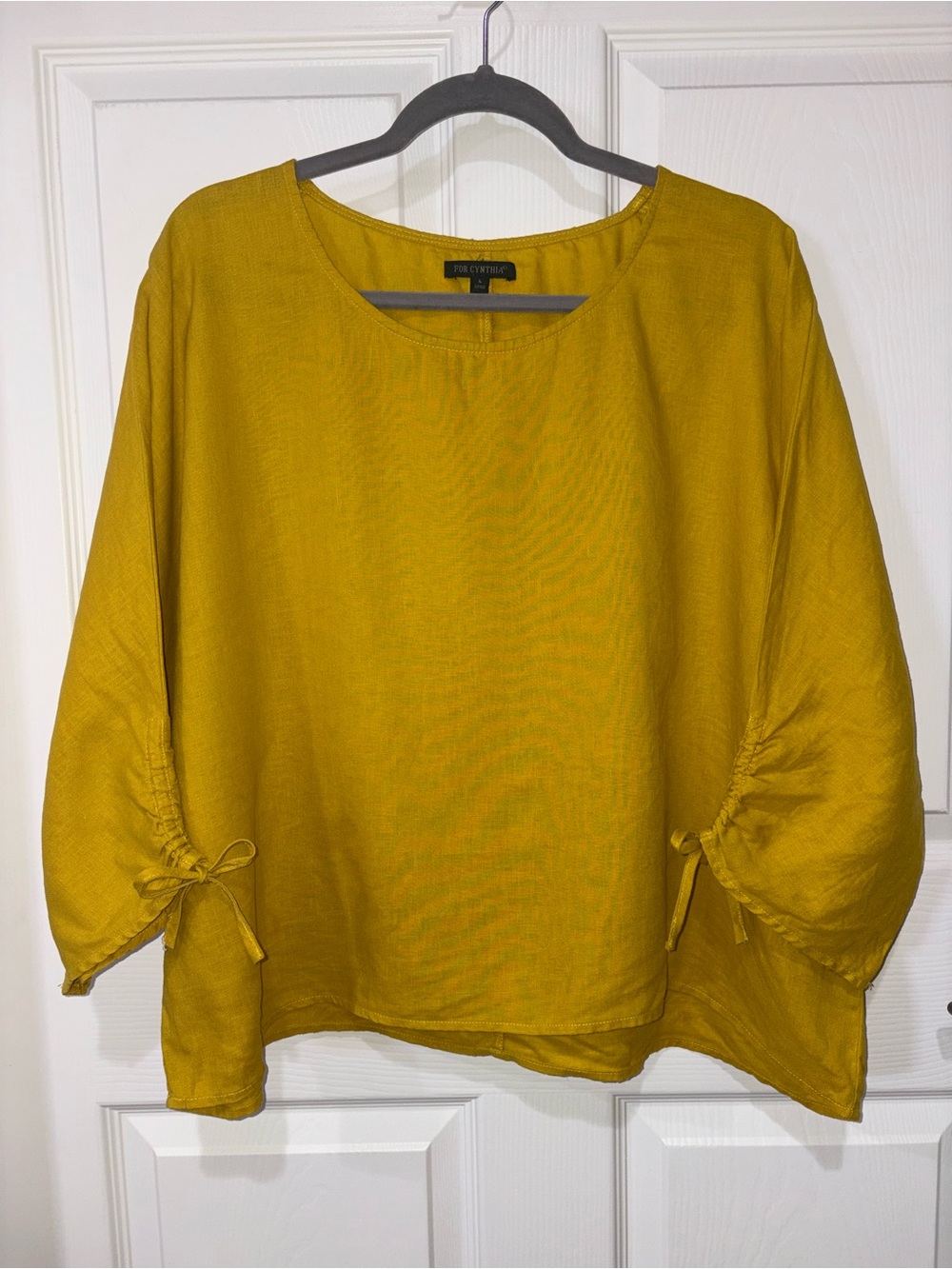 For Cynthia Mustard Yellow 100% Linen Tie Sleeve Blouse Size L